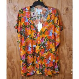 NWT C&C California Shirt Women's 3X Linen Tencel Tropical Floral Beach Hawaiian